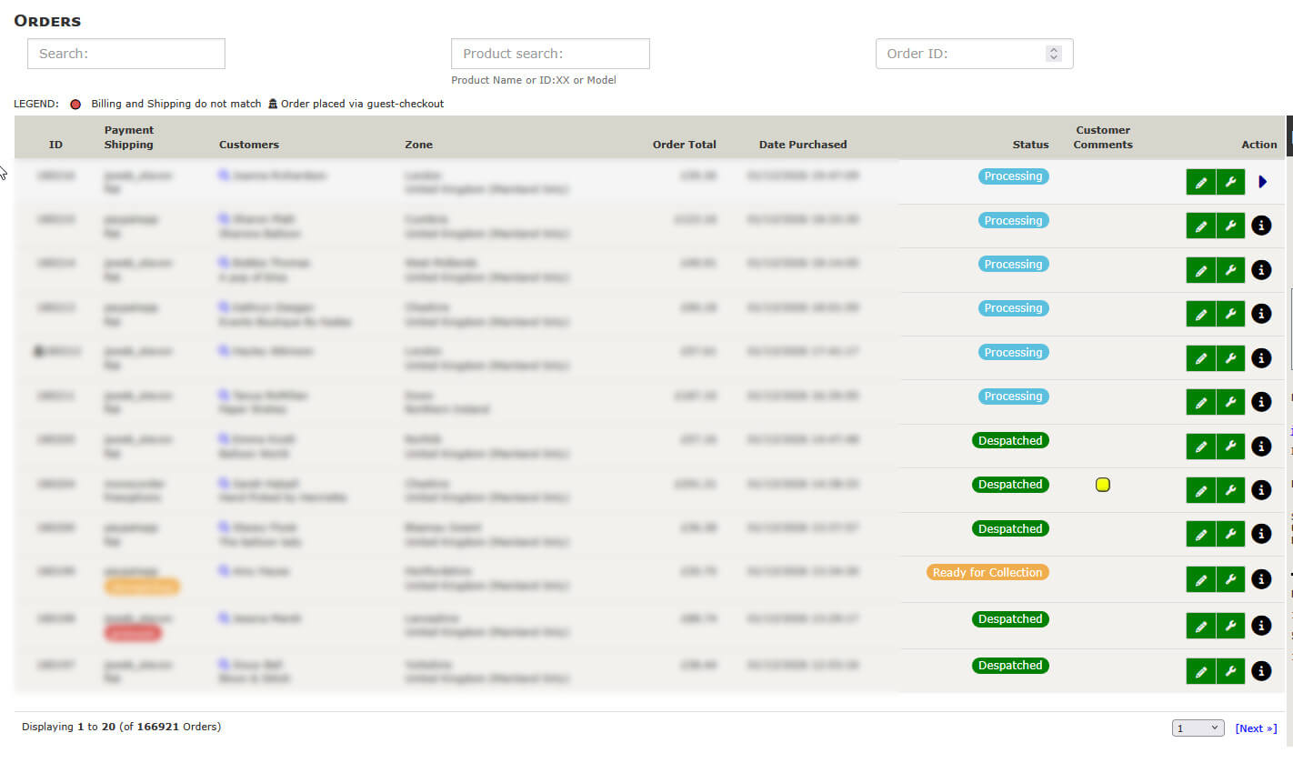 Orders page with color coded statuses